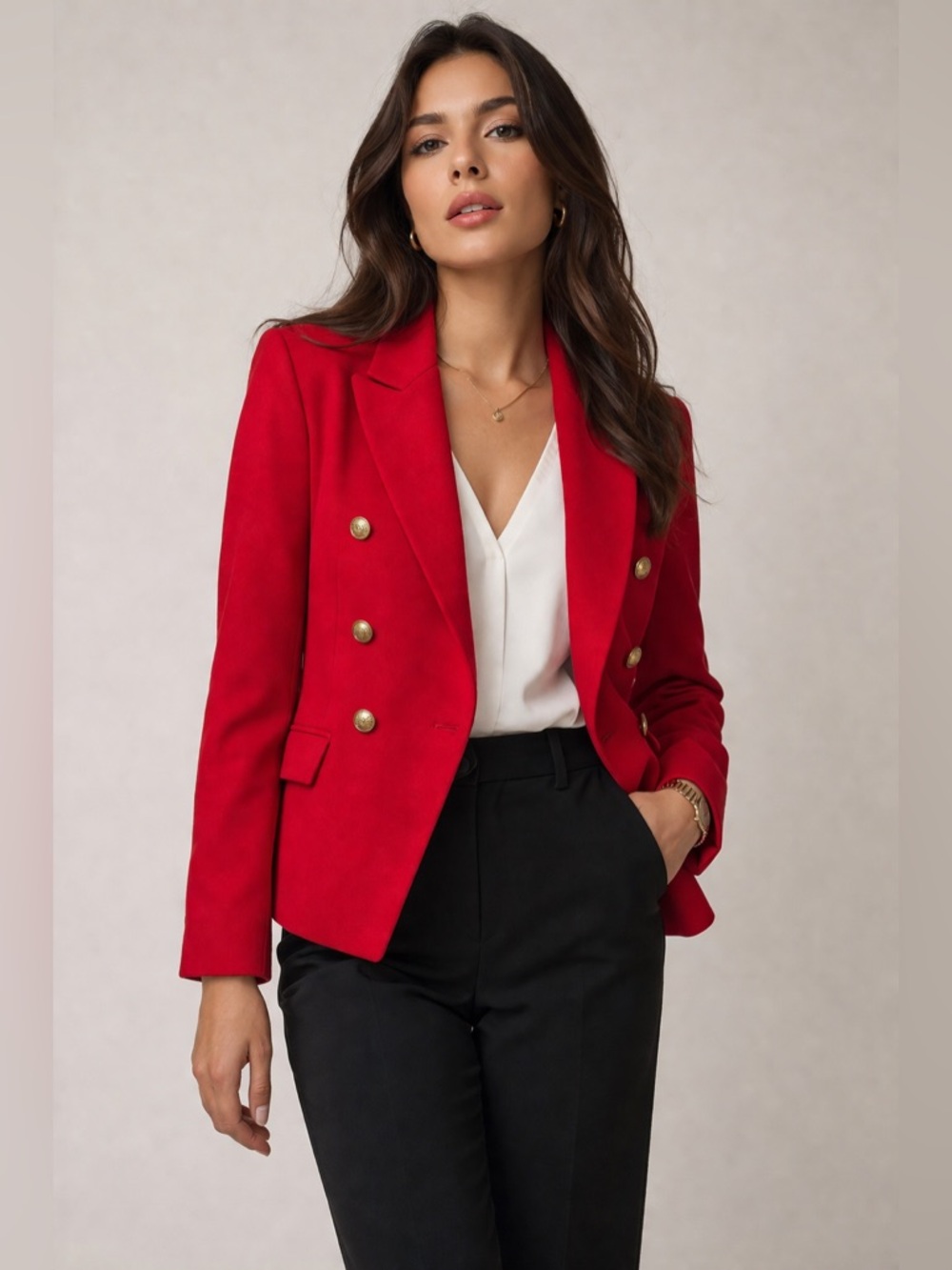 Meg & Margot L Red Double Breasted Blazer Gold Button Tailored Jacket Old Money